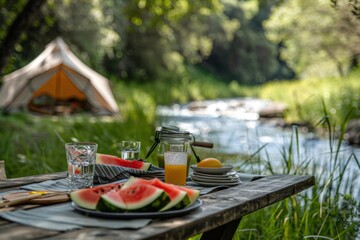Obraz premium A picnic table with a tent in the background and a glass of water