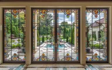 Double glass doors featuring intricate stained glass designs with vibrant colors, leading to a luxurious garden view. The craftsmanship adds a touch of sophistication to the setting.