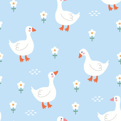 Cute goose on a blue background with camomile white flowers, kids fabric and textile vector print design, seamless pattern