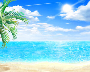 clip art of beautiful frame of blue sky, palm tree and sea with sandy beach and blurred clouds in summer.