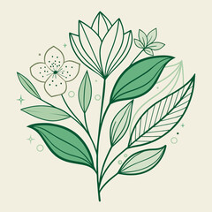 Minimalist vector illustration: flowers and leaves depicted in line art.
