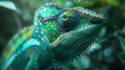 Obraz premium Green colored chameleon close up. Generative AI.