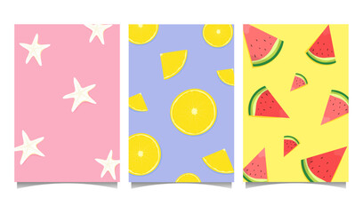 summer time lemon , watermelon, sea shells background design templates  vector set illustration
