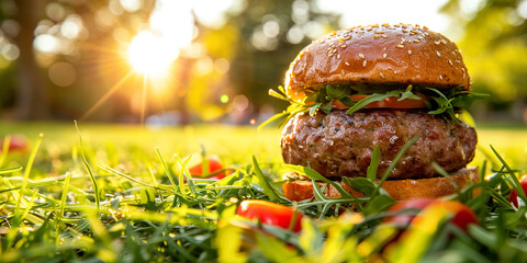 Homemade hamburger on green grass with sun flare. Close-up.