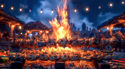 Shish kebab on skewers on a fire