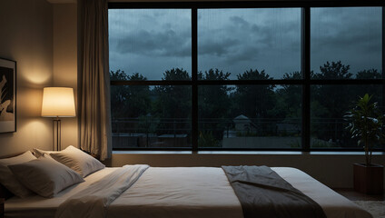 A bedroom with window and rain at night.