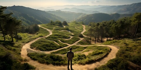 Man choosing between two paths for best environmental impact impactful image. Concept Decision Making, Environment Conservation, Pathway Dilemma, Sustainability Choices, Responsible Actions