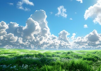 Obraz premium Green field with white flowers and blue sky