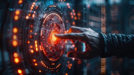 Hand touching a spinning data flow, processing visualization background. concepts of cyber protection, data security, and internet privacy. 