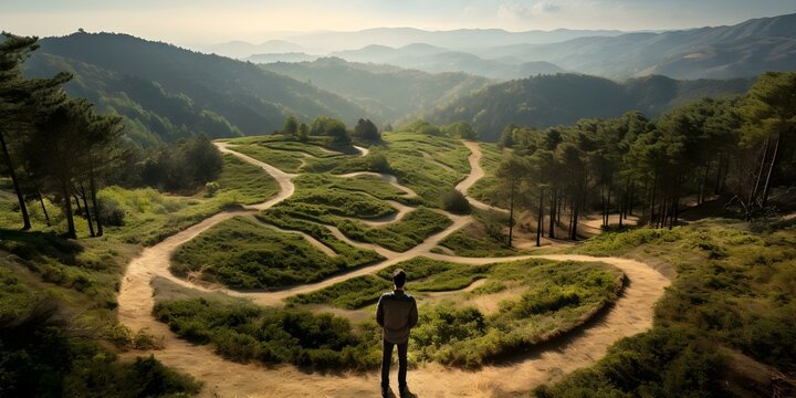 Man choosing between two paths for best environmental impact impactful image. Concept Decision Making, Environment Conservation, Pathway Dilemma, Sustainability Choices, Responsible Actions