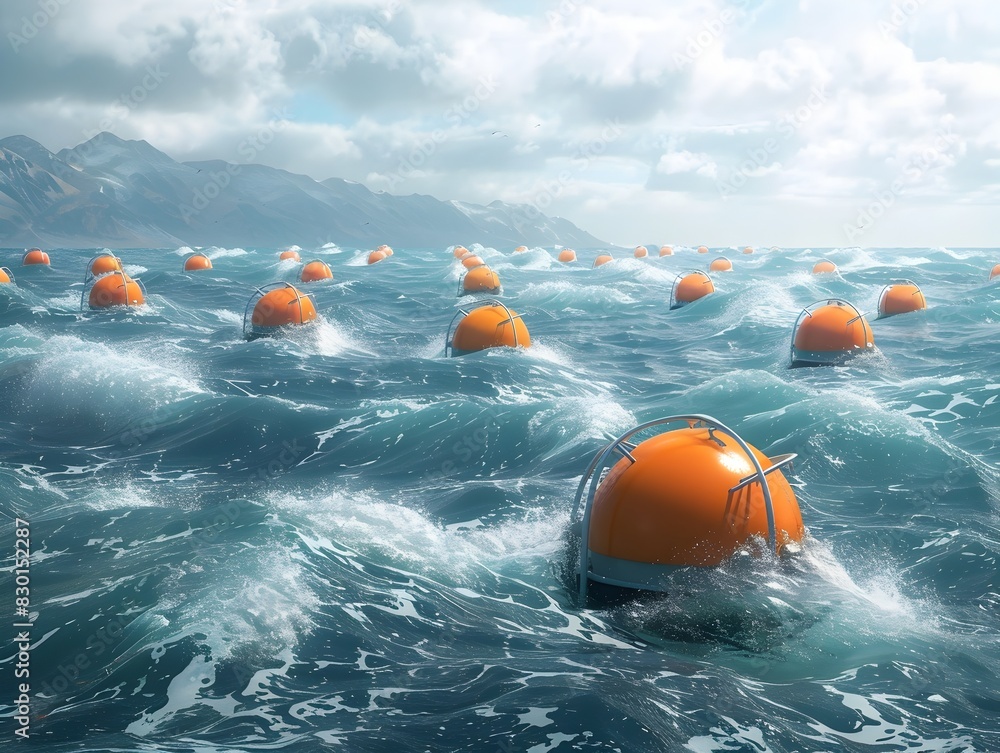 Poster depicting a cluster of ocean energy buoys floating in turbulent waves capturing and converting the k
