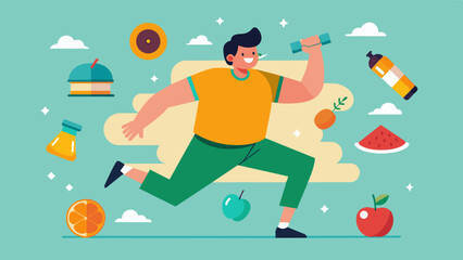 A man constantly trying out different diet and exercise plans always chasing the next fad in pursuit of the perfect body.. Vector illustration