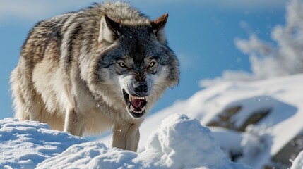 Obraz premium innocent gray wolf with its mouth open snow at morning.