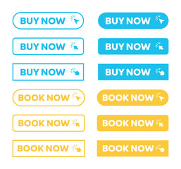 Buy Now and Book Now Web Buttons simple outline style vector. Hand clicking and pointer icon symbol