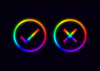 Checkmark right and wrong icons, neon rainbow visuals, gradient mesh graphics, and glowing colorful aesthetic.