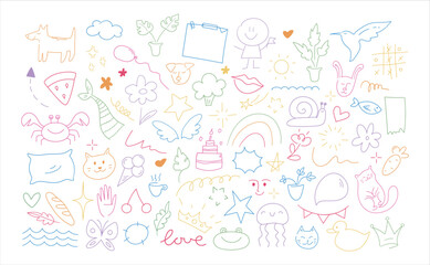 Childish doodle outline elements collection. Hand drawn animals, plants and objects in kids scribble style. Vector illustration