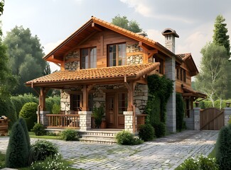 Obraz premium An exterior view of a beautiful stone and wood house with a garden