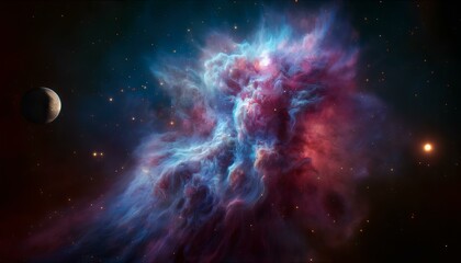 Fototapeta premium Swirling nebulae and distant galaxies fill a starry night sky