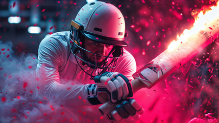 A man in a white uniform is swinging a bat in a game of cricket. The scene is set in a smoky environment, with the man's helmet and gloves visible. Scene is intense and action-packed