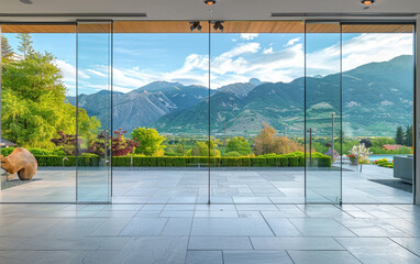 Frameless sliding glass door opening to a picturesque patio with a scenic mountain view. 