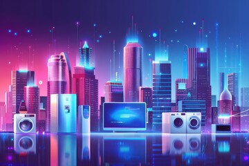 A cityscape with a large refrigerator, a television, and a washing machine