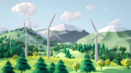 Renewable Energy Awareness and Individual Action through Empowering Depicting Wind Turbines in a Picturesque Natural Landscape with Mountains Forests and Clouds