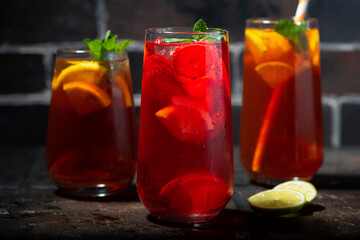 assortment of refreshing cold black and fruit tea, closeup