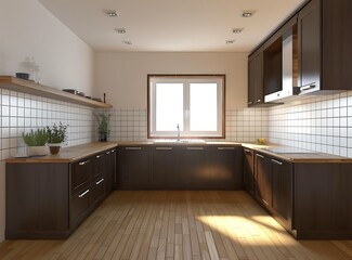 A minimalistic beige and blue kitchen interior with white tiles on the wall, wood floor, window, dark brown cabinets near the island counter with sink, side view, in the style of a mockup