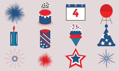 Vector Collection of 4th of July Items, 4th of July, Independence Day of the USA , flat style icon set.