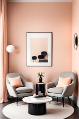 Peach fuzz trend color for 2024 in the premium living room with a painted mockup wall for art in peach pastel apricot warm tones, modern interior lounge design, accent premium gray chairs, 3D render

