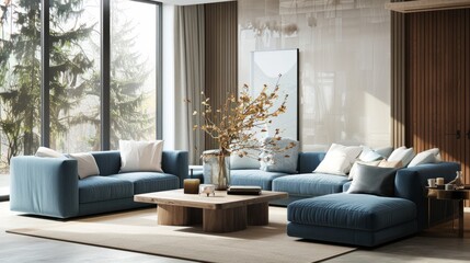 Living room with a large blue sofa a low square wooden table and white armchairs next to a window. Copy space image. Place for adding text or design