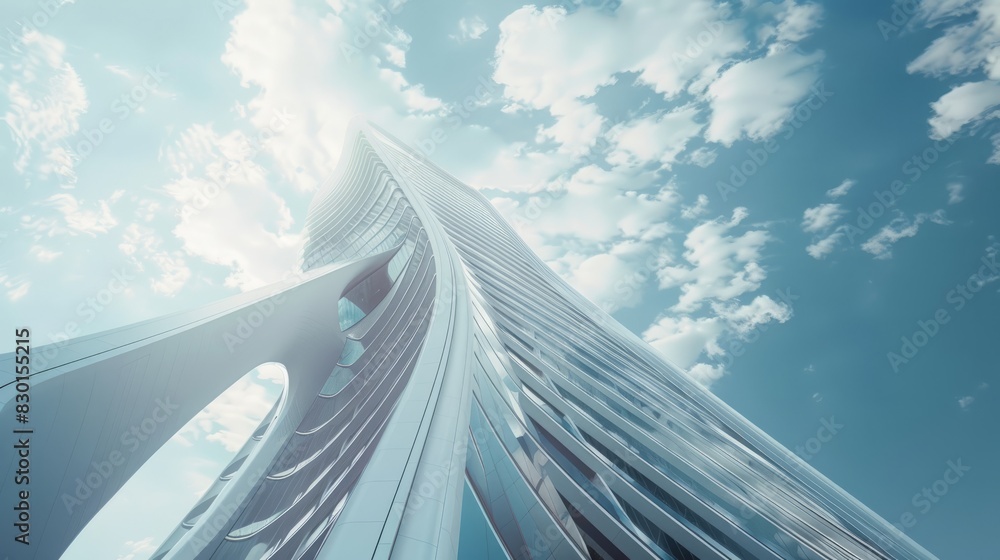 Poster low angle view of futuristic architecture, skyscraper of office building with curve glass window,