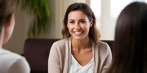 Therapist with notebook smiling at patient during mental health psychotherapy session. Concept Mental Health, Therapy Session, Psychotherapy, Positive Interaction, Supportive Environment