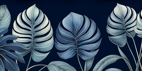 Illustration of Black SplitLeaf Philodendron Monstera plant on dark blue backdrop. Concept Plants, Illustration, Black SplitLeaf Philodjson, Monstera, Dark Blue Backdrop