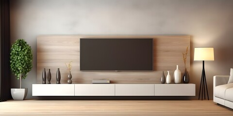 Contemporary living room with large television. Concept Entertainment Center, Modern Furniture, Stylish Decor, Spacious Layout, High-Tech Gadgets