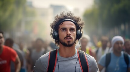 A runner's focused face, headphones in, in a zone of concentration and rhythm during an urban marathon.