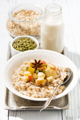 plate of sweet oatmeal with apples and spices, vertical