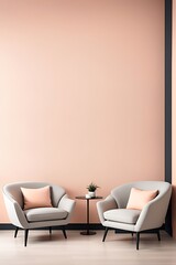 Peach fuzz trend color for 2024 in the premium living room with a painted mockup wall for art in peach pastel apricot warm tones, modern interior lounge design, accent premium gray chairs, 3D render


