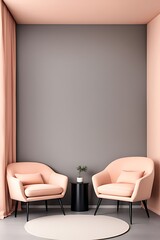 Peach fuzz trend color for 2024 in the premium living room with a painted mockup wall for art in peach pastel apricot warm tones, modern interior lounge design, accent premium gray chairs, 3D render

