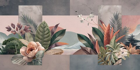 Japanese style, lily on the background, with leaves, collage, greeting card, for the glider, banner, with plants, beautiful collage, wallpaper, background beige 