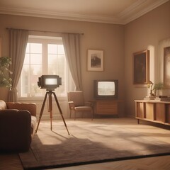 Modern living room interior design with minimalist trend furniture, vintage style, augmented reality, mockup,