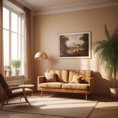 Modern living room interior design with minimalist trend furniture, vintage style, augmented reality, mockup,