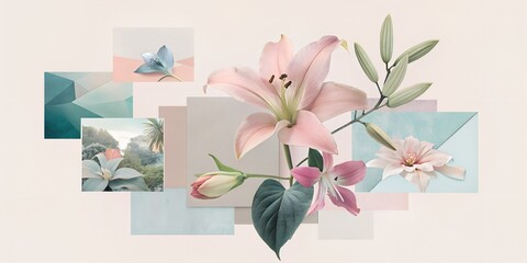 Japanese style, lily on the background, with leaves, collage, greeting card, for the glider, banner, with plants, beautiful collage, wallpaper, background pink 