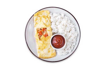Spicy ground pork stuffed omelette, kai yat sat, with ketchup sauce and rice on a white isolated background