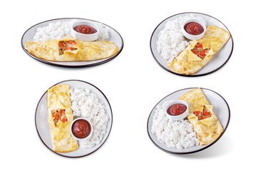 Spicy ground pork stuffed omelette, kai yat sat, with ketchup sauce and rice on a white isolated background