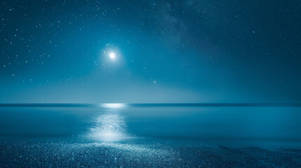 A photographic style of a sky and sea environment, clear night sky with bright stars and a full moon over a serene sea. The moonlight creates a shimmering path on the water's surface. Deep blue tones