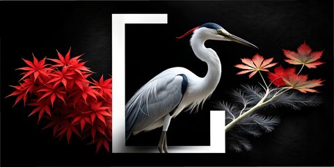 heron on the beach Japanese style, heron on black white red background, with maple leaves, collage, greeting card, for glider, banner, sakura branches, beautiful collage, wallpaper, background