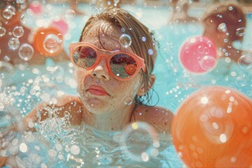A realistic photo of a child in the pool during a summer party, splashing