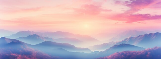 Mountains landscape banner. Serene mountain vista bathed in soft dawn or dusk light, with rising mist and sky painted in pink and lavender, evoking calm of nature's beauty. Banner size