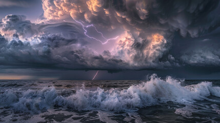 A photographic style of a sky and sea environment, stormy sky with dark, dramatic clouds and lightning bolts over a rough sea. Waves crashing with high intensity, foam visible. The scene is filled